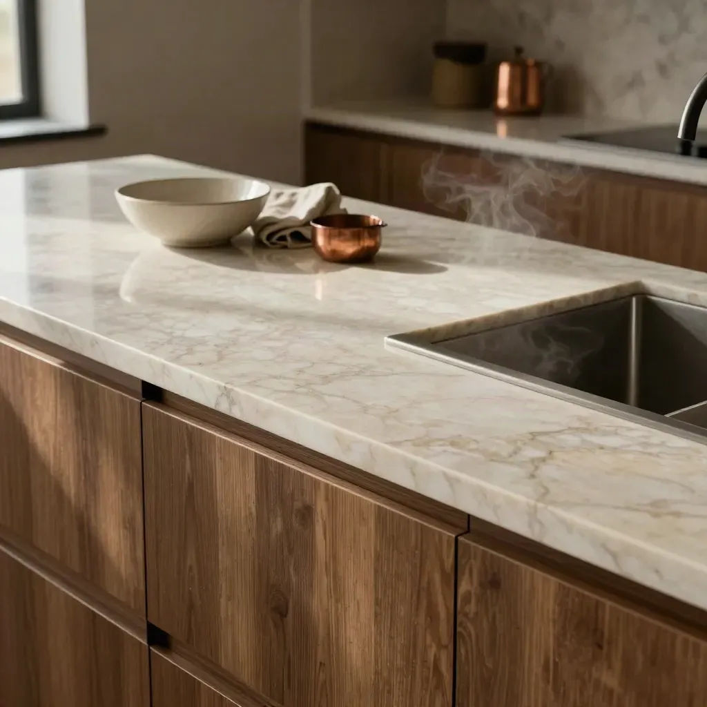 Piano cucina in marmo con foro lavello, foro piano cottura, ciotola in ceramica e luce calda.