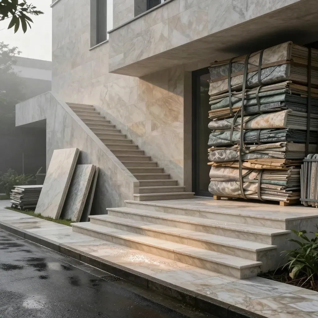 Facciata in travertino di villa moderna dopo la pioggia, con scale e piazzale bagnato