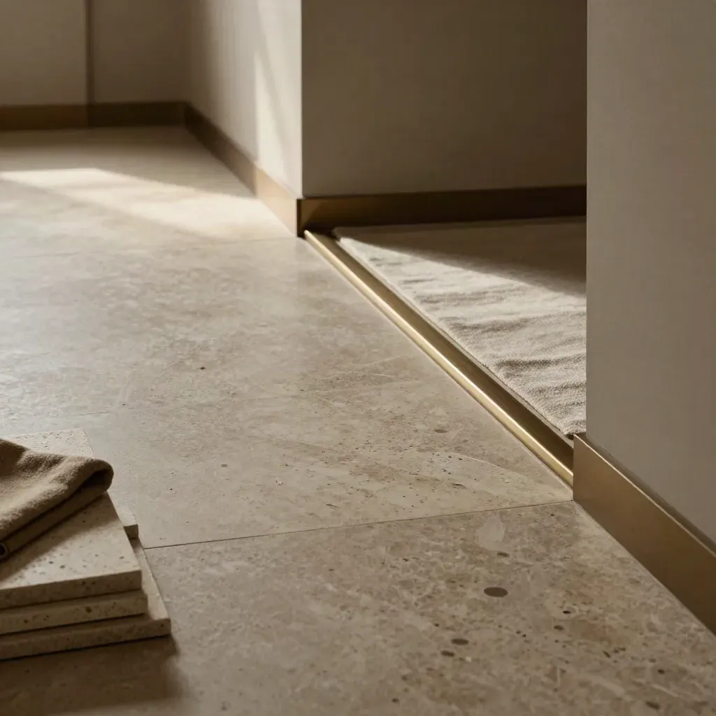 Pavimento in travertino levigato con fughe dritte, runner in lino e luce calda d’ingresso.
