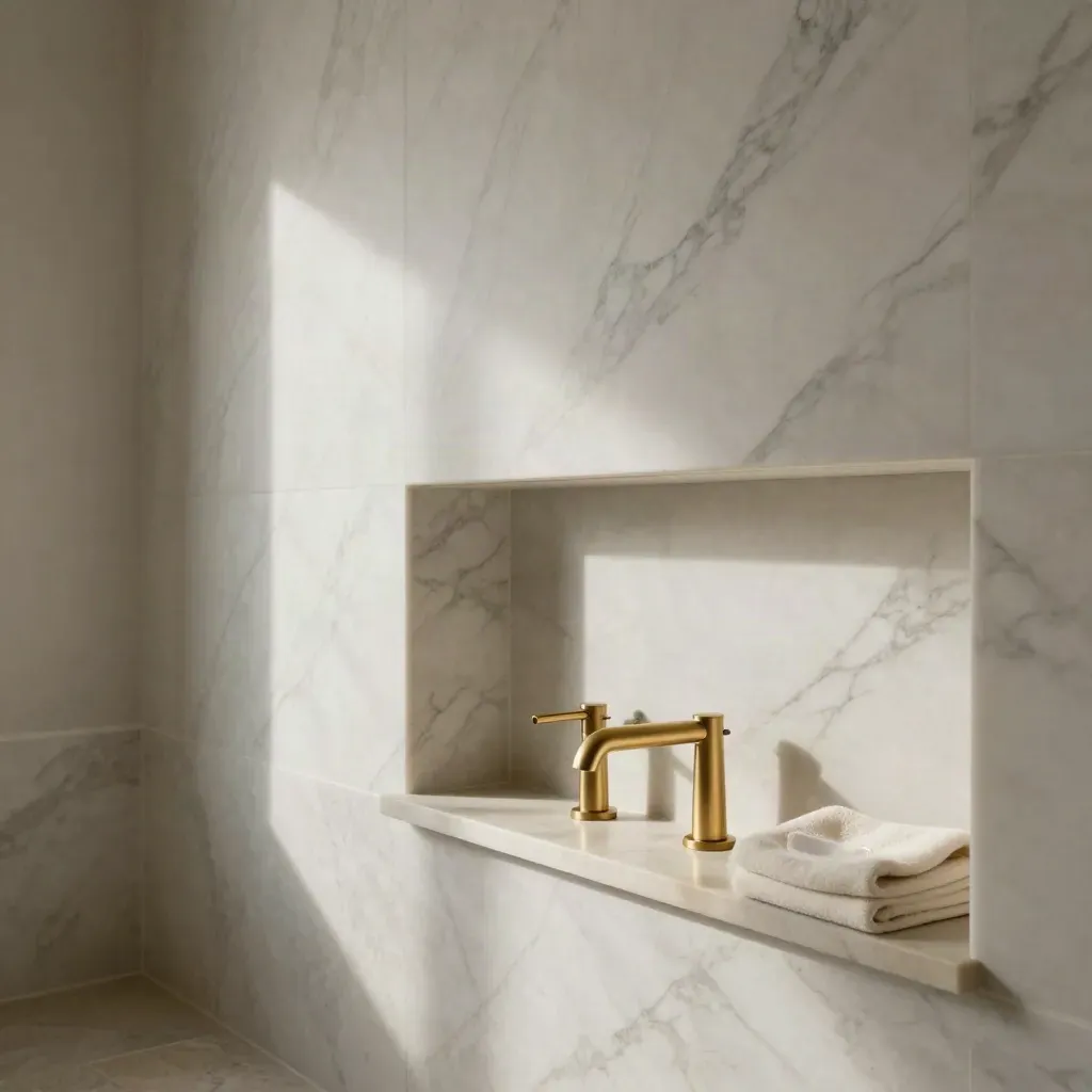 Parete bagno in marmo bianco bookmatched con nicchia e rubinetteria in ottone, ripresa dal basso.
