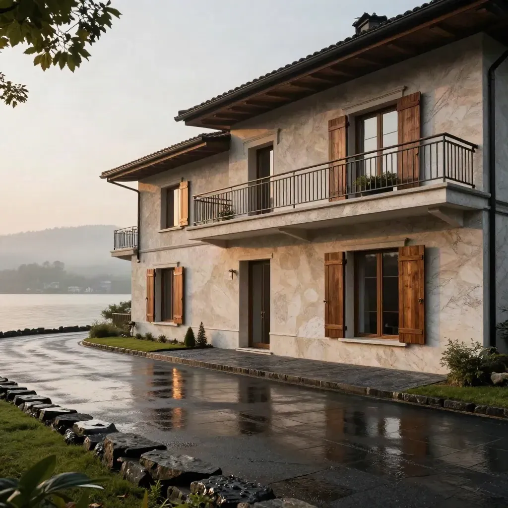 Villa sul lago in travertino, terrazze bagnate e luce calda dopo un temporale.