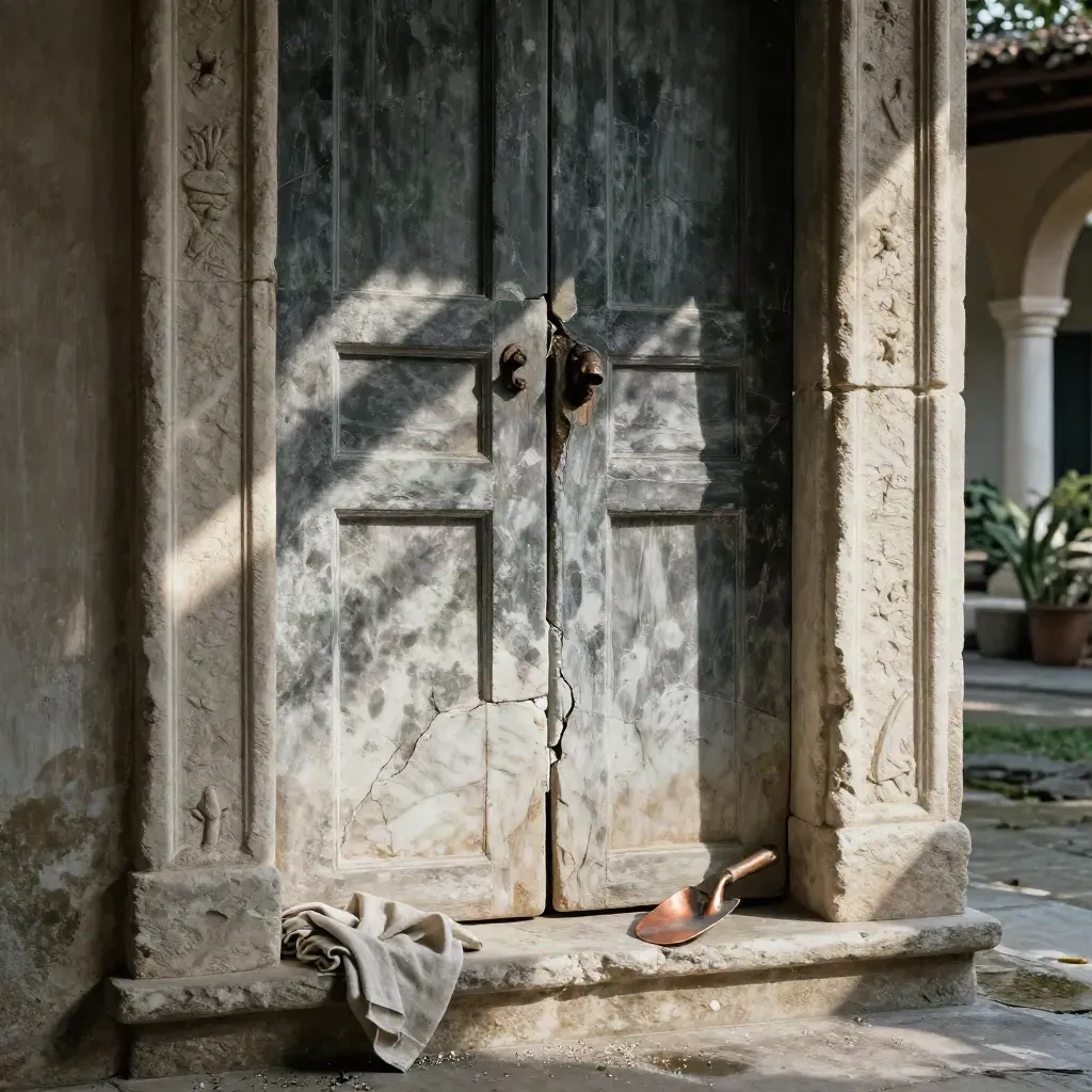 Portale in pietra restaurato con fughe riprese e luce calda su sfondo sfocato.