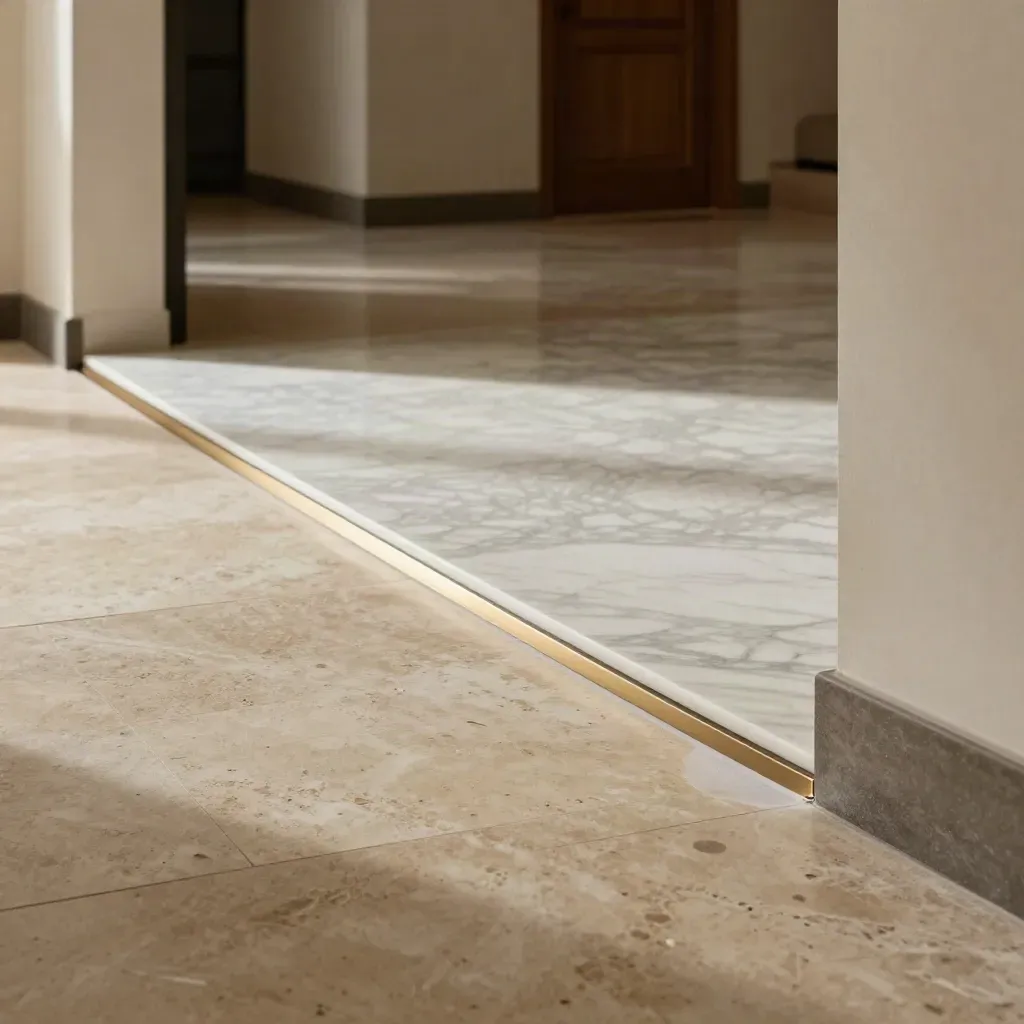 Pavimento coordinato in marmo e travertino nell’ingresso e nel living di una villa nuova.
