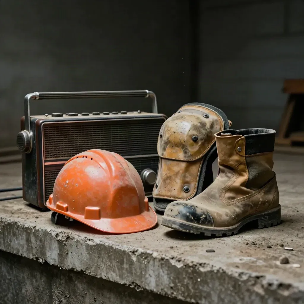 Radio da cantiere, casco arancione, ginocchiera e scarpa antinfortunistica su un muretto di cemento.