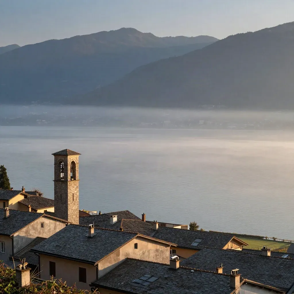 Lago di Como al tramonto, borghi in alto e acqua calma sotto una leggera foschia