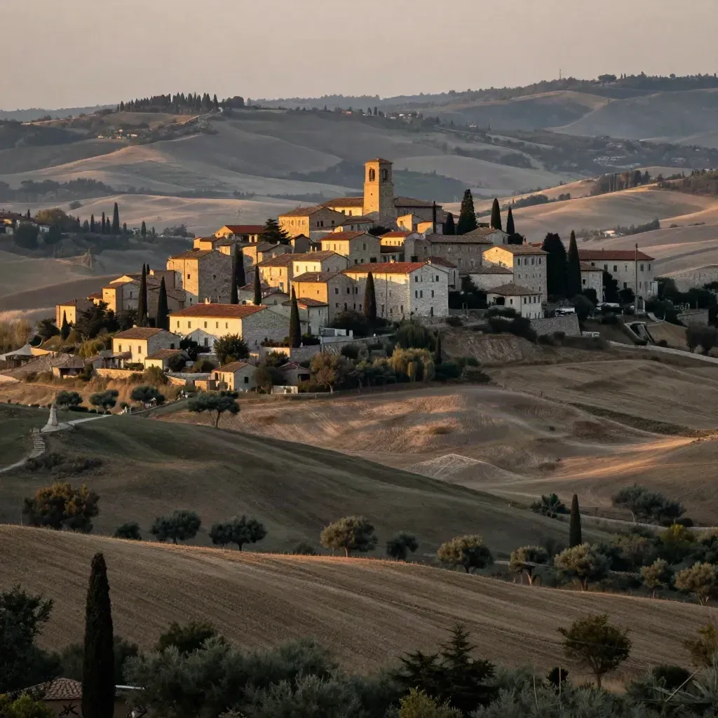 Toscana al tramonto con borgo collinare, cipressi e campi dorati in foschia